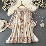 Kevadine Vintage Tikandiga A-l&otilde;ikeline Kleit Naised Paeltega Krae Laterna Varrukad Vaba L&otilde;ikega Keskmise Pikkusega Kleit Moedisainer Uued R&otilde;ivad One Size aprikoosi