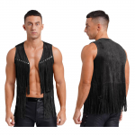 Meeste narmastega vest Faux seemisnahast avatud esiosaga varrukateta l&auml;&auml;ne kauboi vest XL must