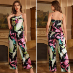 Naiste tr&uuml;kimustriga pidžaamakomplekt satiinist varrukateta top pikkade p&uuml;kstega, magamisr&otilde;ivaste komplekt, seksikas suspender koduriietus, koduriietus XXL