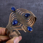 Burmise Sapphire(Simulated) Gemstone Handmade Copper Wire Wrap Cuff Bangle Adjustable b0w09
