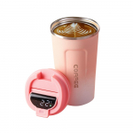 Nutikad kahe seinaga kohvikruusid, roostevabast terasest isoleeritud tass kaanega, temperatuurin&auml;idik roosa