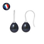 PERLINEA - Boucles d'oreilles Crochets - V&eacute;ritables Perles de Culture d'Eau Douce Noires 7-8 mm - Or Blanc - Bijoux Femme