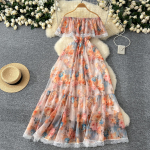 Kvaliteetne lilleline rannamaksi kleit naistele, avatud &otilde;laga elastne puhkuse &scaron;ifoon A-l&otilde;ikeline kleit, pitsitr&uuml;kiga pikk suvekleit XXL roosa