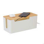 Relaxdays Range-c&acirc;bles pour 2 multiprises, couvercle en bambou, plastique, HxLxP: 13x31x14 cm, bo&icirc;tier, blanc - nature roheline