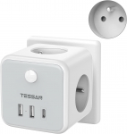TESSAN EU seinakontakti pikendaja 3 prantsuse pistikupesa ja 3 USB-ga (1 USB C), Mitu pistikut &Uuml;lekoormuskaitsega toitejuhe 3 Outlets & 2USB-A&1USB-C