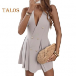 Naiste kaherealine bleiser-vestkleit, varrukateta, s&uuml;gava V-kaelusega, minipikkusega, suvine, k&otilde;rge v&ouml;&ouml;kohaga, plisseeritud l&uuml;hikese seelikuga S