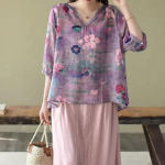 Suves&auml;rk Vintage lilleprinteriga topid Naiste V-kaelusega, vaba aeg &scaron;ikkad lahtised pluusid, puuvillased linased &otilde;hukesed poolvarrukatega s&auml;rgid. L