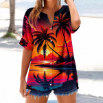 Women's loose printed stand collar short-sleeved cotton and linen top XXL