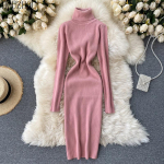 HOUZHOU kootud midikleit naiste korea vintage elegantne soliidne k&otilde;rge kaelusega &otilde;huke s&uuml;gis- ja talvine soe klassikaline p&otilde;hikleit one size oranž