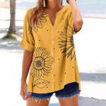 Women's loose printed stand collar short-sleeved cotton and linen top L