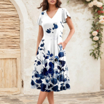 Naiste suvine mood V-kaelusega volangvarrukatega retro elegantne midi kleit XL valge