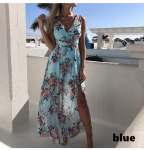Naiste Boho kleit Lillemustriga pikk seelik, s&uuml;gav V kaelus, suvine rannapidu p&auml;ikesekleit Varrukateta l&otilde;hestatud pikk kleit S sinine