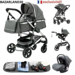 BAZARLAND30.Poussette Combin&eacute;e 3 en 1 Si&egrave;ge-Auto Nacelle Trio R&eacute;versible R&eacute;glable Haute Qualit&eacute; Roues increvables.Gris