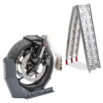 Rampe de chargement en Alu max. 340 kg pliable pour scooter quad ATV + Bloque Roue Easy-Fix B&eacute;quille Avant &agrave; 21 Pouces gris
