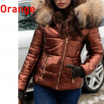 S&uuml;gis- ja talvemood Naiste l&uuml;hike mantel puuvillane jope, suur kapuutsiga jakk, soe puuvillane naiste karusnahast krae kapuuts Parka mantel S oranž