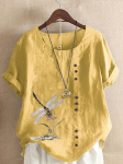 Suvine Casual Dragonfly Print Lahtine T-s&auml;rk Retro puuvillane ja linane O-kaelusega plusssuuruses l&uuml;hikeste varrukatega naiste topp XS-5XL 2XL