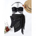 Seksikas Sarong Fringe Tutiga Bikiinid Naiste ujumistrikoo Naiste Ujumisriided Kolmeosaline bikiinikomplekt supelkost&uuml;&uuml;m ujumisdaam S must