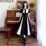 MODIQUE suvine suursuuruses uus kleit-s&auml;rk naiste avar soliidne k&otilde;rge v&ouml;&ouml;kohaga puuvillane linane liistud kleit vabaaja naiste kleidid V-kaelusega l&uuml;hikeste varrukatega XL must