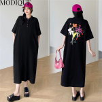 MODIQUE 2023 Summer Plus Size Uus naiste lahtine A-joon tr&uuml;kiga &uuml;hev&auml;rvilised pikad kleidid Elegantne daam vabaaja puuvillane POLO l&uuml;hikeste varrukatega seelik XL must