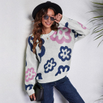 Pullover Naiste Mood O-kaelusega pikkade varrukatega vabaaja kampsunid S&uuml;gisriided Talvine valge lillad lilled Femme kootud kampsun top S valge