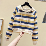 Kapuutsiga triibuline kampsun, kontrastses v&auml;rvitoonis vabaaja pikkade varrukatega naiste top S kollane