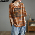 DIMANAF 2024, uus suvine naiste suures suuruses pluus, T-s&auml;rk vabaaja topid T-s&auml;rk, mustriga puuvillane lahtine vintage triibuline 3XL oranž