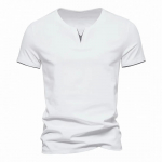 Meeste l&uuml;hikeste varrukatega Henley s&auml;rgid vabaaja puuvillane Slim Fit Basic suvine V-kaelusega T-s&auml;rk S valge