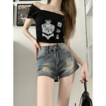 Ameerika Vintage Gyaru P&uuml;ksid Pestaud Kulumisj&auml;lgedega Denim L&uuml;hikesed P&uuml;ksid Naistele Suvi K&otilde;rge V&ouml;&ouml;koht Salendavad L&uuml;hikesed P&uuml;ksid Super L&uuml;hikesed &Uuml;ler&otilde;ivad S sinine