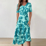 Naiste vabaaja moodne &uuml;mara kaelusega varrukateta lillemustriga ebaregulaarse servaga midikleit L sinine