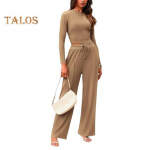 2 tk/komplekt Naiste Top P&uuml;ksid Komplekt &Uuml;mar Kaelus Pikad Varrukad Slim Fit Top K&otilde;rge V&ouml;&ouml;koht Paelaga Laiad P&uuml;ksid Treeningriided Vabaaja Igap&auml;evane Riietus S khaki