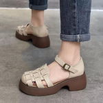 Naiste sandaalid varbakattega retro paksu kontsaga punutud pandlaga rooma sandaalid k&auml;sitsi valmistatud libisemiskindlad nahast vabaaja &otilde;&otilde;nes naiste k&otilde;rge kontsaga kingad 35 valkjas v&auml;rv