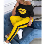 Naiste mood, vabaaja dressi&uuml;likond, kaheosaline komplekt huuletr&uuml;kiga l&uuml;hikeste varrukatega topid + pikkade p&uuml;kstega &uuml;likond, suur suurus S-5XL XL