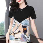 YYFS Naiste mood vabaaja suvekevadine v&auml;rviline plokkprindiga l&uuml;hikeste varrukatega O-kaelusega pluusid ja s&auml;rgid M