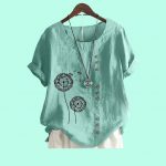 Naiste vabaaja lillemustriga avara pluus Laides puuvillane linane l&uuml;hikeste varrukatega T-s&auml;rk S pruun