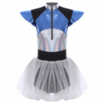 Naiste Space Cadet kombinesoon laienevate varrukatega, eest lukuga, litritega t&uuml;llseelikuga, mille k&uuml;lge on kinnitatud poiste l&uuml;hikesed p&uuml;ksid, astronauti cosplay bodisuit M h&otilde;be