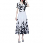 Naiste lilleline maksikleit Hiina kunstistiilis tr&uuml;kiga A-l&otilde;ikeline pikk kleit suvine l&uuml;hikeste varrukatega V-kaelusega rannakleit 3XL