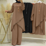 H720 Kevad/S&uuml;gis Muslimi Naiste Kaheosaline Komplekt: Pikak&auml;iguline &uuml;mmarguse kaelusega s&auml;rk ja laia s&auml;&auml;rega p&uuml;ksid 2XL khaki