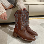 Uued talvised vintage pruunid naiste saapad cowboy saapad naistele tikitud ruudukujulise varba pruunid pikad saapad paksud keskmise s&auml;&auml;rega naiste kingad 35