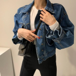Korea Mood Naiste alla keeratava kraega teksajakk, vaba l&otilde;ikega, puhvvarrukatega, l&uuml;hike jakk, naiselik &scaron;ikk retro teksajakk, &uuml;laosa, pluss suurus One Size sinine