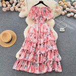 Suvine prantsuse &uuml;herealine kaelusega killustatud lilleline kleit, plisseeritud v&ouml;&ouml;kohaga m&auml;hitud k&otilde;rge klassi magus kleit One Size