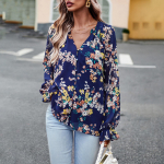 Fashion Flare pikkade varrukatega &scaron;ifoons&auml;rk Elegantne n&ouml;&ouml;biga V-kaelusega lilleline pluus Kevadine lahtiste lilledega tr&uuml;kitud topid Blusas Mujer 27975 S orion i v&auml;rv