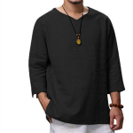 Meeste pikkade varrukatega V-kaelusega puuvillane linane avar s&auml;rk M must