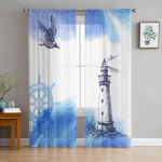 Akvarell tuletorn Sea Bird Rool t&uuml;ll l&auml;bipaistev aknakardinad elutuppa Magamistoa Moodsad Voile Organza kardinad kardinad W135 x H115cm x1