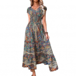 Suvine s&uuml;gav V-kaelusega l&uuml;hikeste varrukatega maksikleit Bohemia v&auml;rvilise tr&uuml;kiga elastne k&otilde;rge v&ouml;&ouml;kohaga volangidega &otilde;mmeldud all&auml;&auml;r A-jooneline rannakleit 3XL roheline