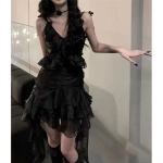 Karrcat Gothic Ruffles Kleit Haldjas Grunge Bandage Minikleit Varrukateta Irreular V-kaelusega kookkleit Emo Alt Riided Vintage Goth S must