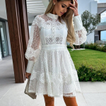 QICED Seksikas Lace Lace Ins stiilis pikkade varrukatega kleit S valge