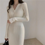 Vintage kootud kampsun pikkade varrukatega kleidid Naiste &otilde;huke Bodycon Korea elegantne s&uuml;gistalvin&ouml;&ouml;biga V kaelusega kampsun Midi naiste kleit One Size valge