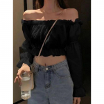 Naiste &uuml;laosa Seksikas pluus &otilde;lgadeta &uuml;laosaga pikkade varrukatega &uuml;hev&auml;rviline valge s&auml;rk puhvis varrukatega volangiga tuunika Crop top suvine toru topp XXL must