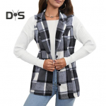 S&uuml;giskevadine naiste vest, ruuduline mantel, tr&uuml;kkimine, alla keeratav krae, varrukateta n&ouml;&ouml;p, soe keskmise pikkusega retro vest, igap&auml;evane jakk M pruun