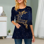 Suures suuruses naiste lilleline kuldne hirve printimine &uuml;mara kaelusega, vaba pikkade varrukatega topp XS